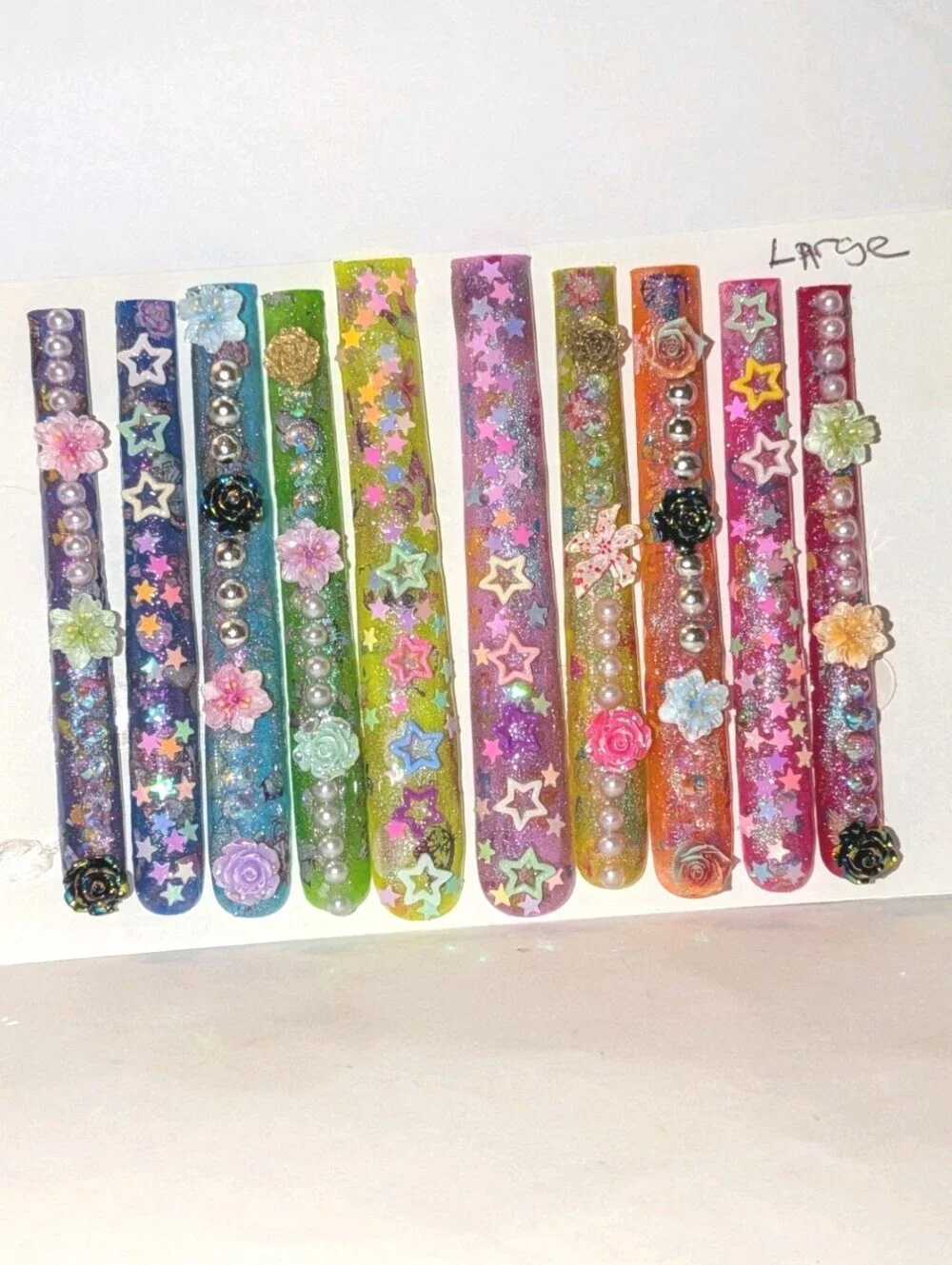 Hand Crafted Shimmering 6Xl Acrylic Colorful Designed Press On Nails Sz Large